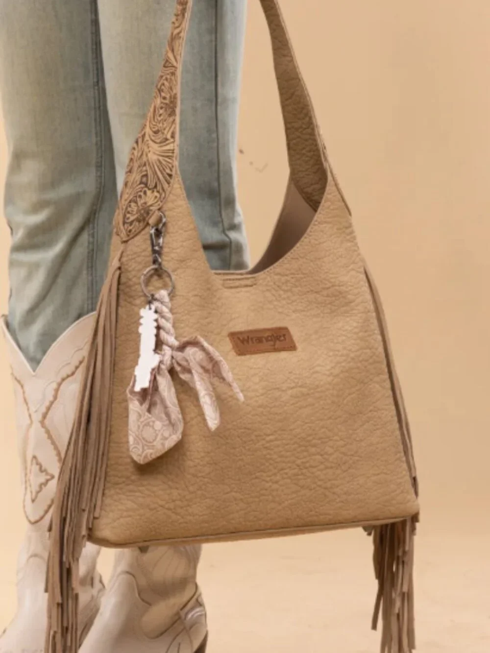 Wrangler Fringe Tooled Western Hobo Purse Khaki NWT